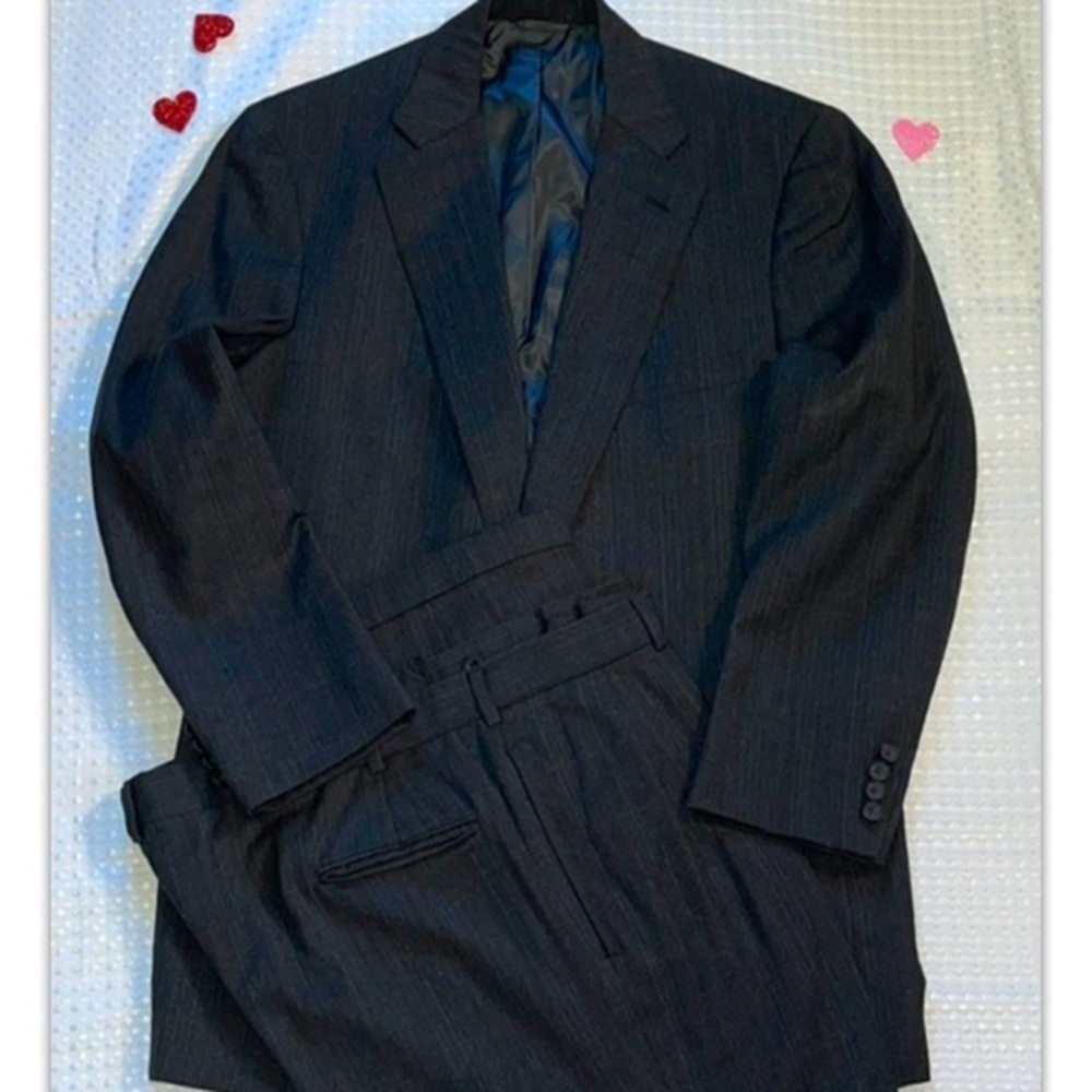Vintage Norman Hilton Mens Stripe Charcoal Jacket Suit Set Size 44” Pants 38”
